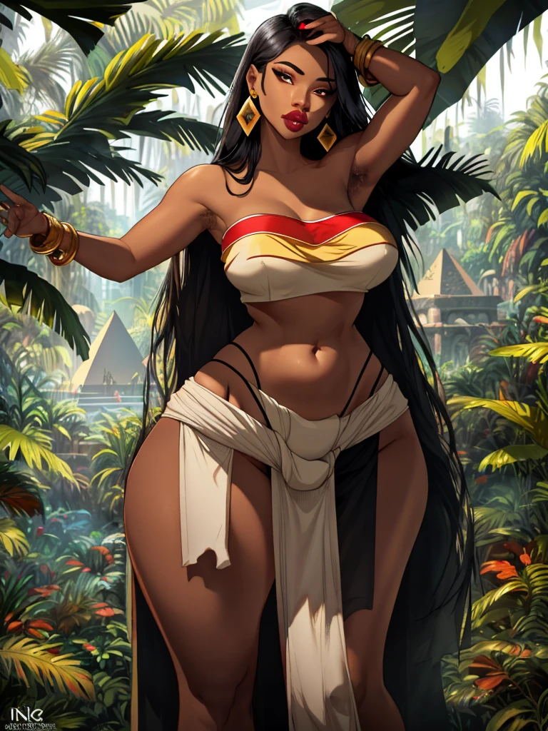 Brown skin female sexy curvy thick thighs huge breasts black hair parted lips white tribal paint on skin wearing animal skull on top of head in forest sunset high quality masterpiece