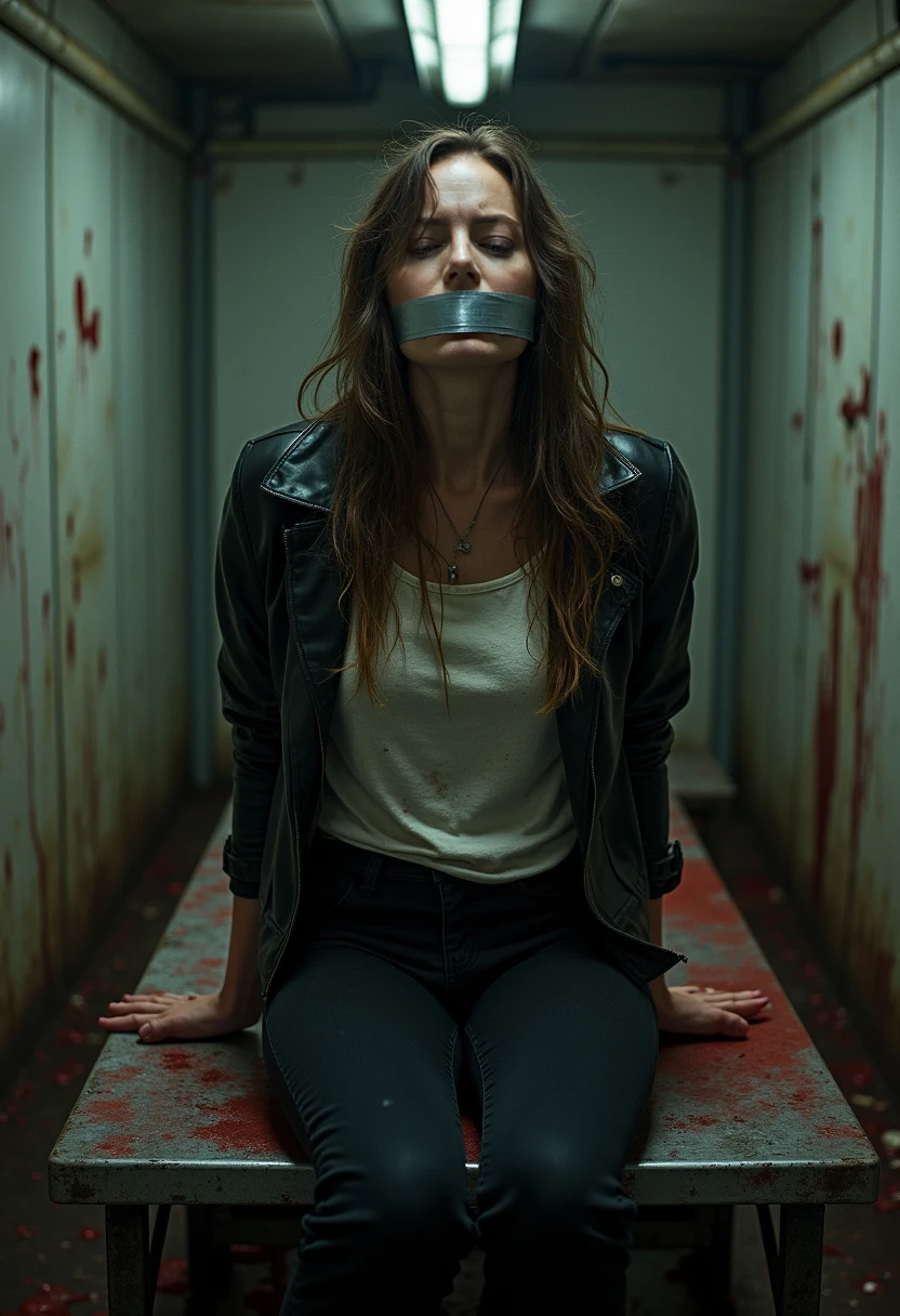 White woman with brown hair wearing tight white jeans with a black belt, black blouse, handcuffed with her hands together and standing on her haunches with her face covered in tears