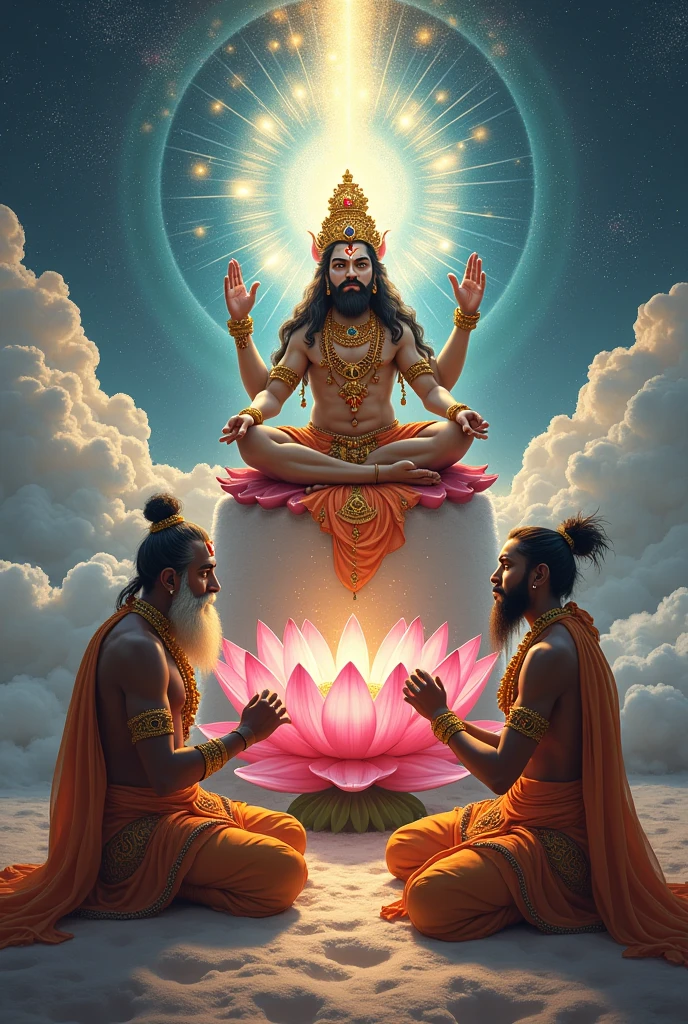 King manu and king satrupa requsting help from lord brahma lord brahma sits in a lotus