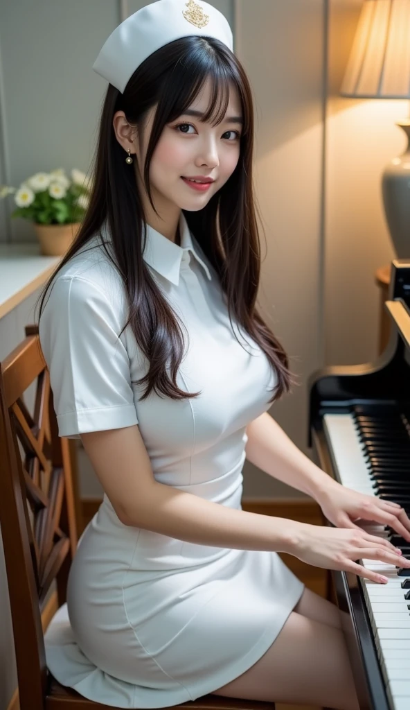 nsfw, Seduced by a naughty music teacher in the music room、Naked and wearing a see-through white collared blouse、Ultra-detailed beautiful faces、Wow cleavage、Nipples are visible、smile、Leaning forward, approaching me、Short tight skirt showing panties、stockings、High heels、Clear and pure white skin
