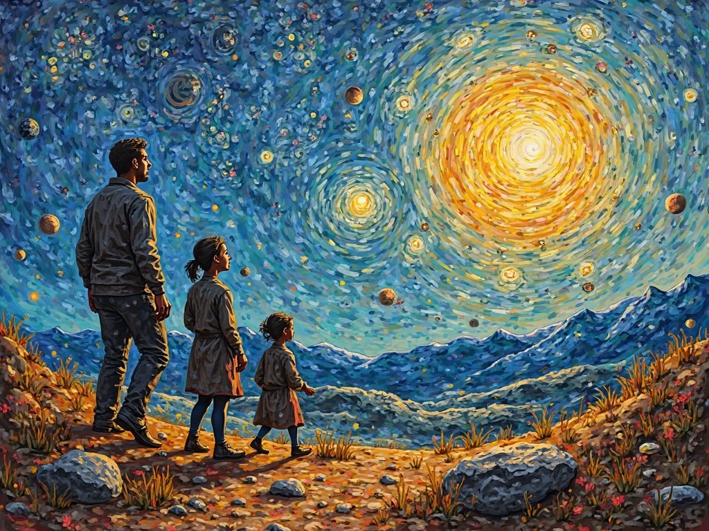 a three years old cute baby with big eyes look at the britghest star in the sky, the star shine on baby, the background is on the glassland with oil painting style --auto