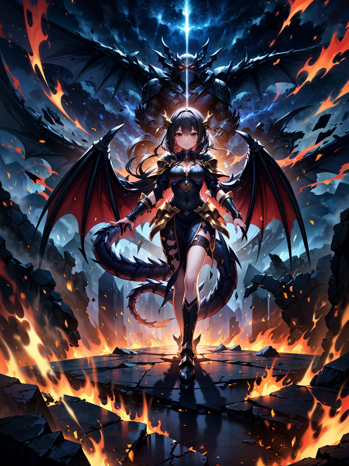(((masterpiece))), (((best quality))), (((16k))), girl, (full-body), dragon armor, intricate details, red glow, short shilver hair, back messy hair, detailed hair strands, light blue eyes, dominance expression, walking in lesser caotic place as she rule the world, fire background, and dragons in the night sky, fierce aura, (high quality ilumination)