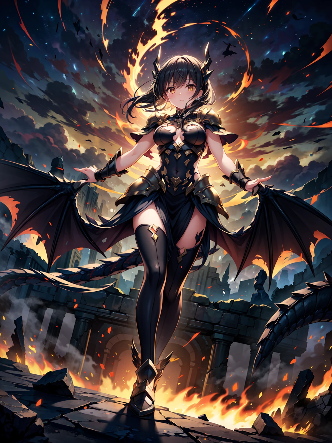 8k, wallpaper of extremely detailed CG unit, masterpiece, high resolution, top-quality, top-quality real texture skin, hyper-realistic, increase the resolution, RAW photos, best quality, highly detailed, the wallpaper, cinematic lighting, ray trace, golden ratio, devil girl, mild smile, female, godly, (in the deep fog:1.3), beautiful black horns, beautiful big black wings, background Peach Blossom Spring, beautiful fog, peach blossom petals, gorgeous lighting, stunning landscape, back Japanese clothing with gold ornaments, yellow eyes, only 1 woman, red skin like a devil,
