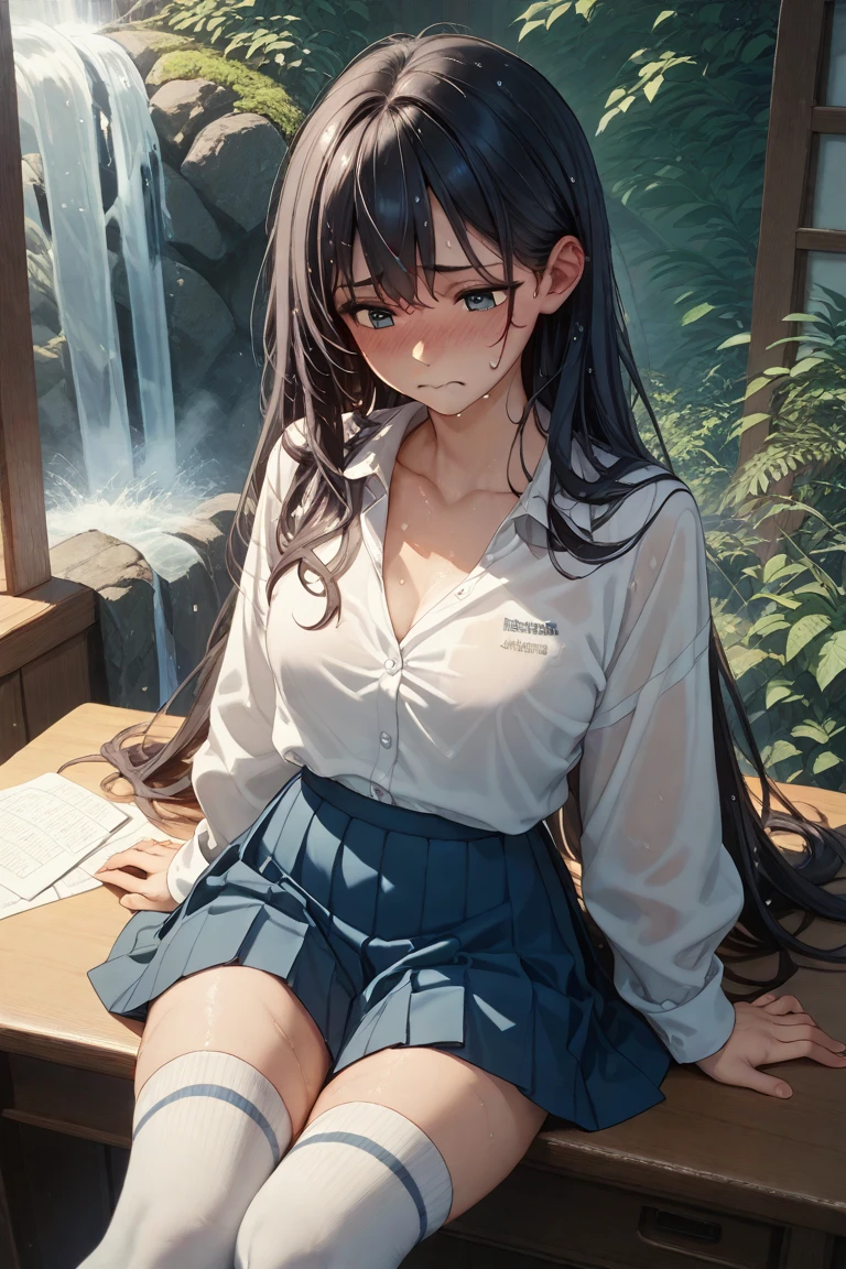 ((masterpiece,Highest quality;1.3,best illustration,realistic)),Being forced to expose your underwear、1woman、独奏,22 year old Japanese beauty,((very small head:1.3)),center parted bangs,forehead,black hair,long hair,black eyes,gorgeous eyes,tears,shy,sad,medium breasts,((very long body)),((toned body,slender body,skinny)),gleaming skin,shiny skin,oily skin,(Dark blue pleated mini skirt、A rolled up skirt、White panties、White tank top)、No sleeve、library、Tokyo、
