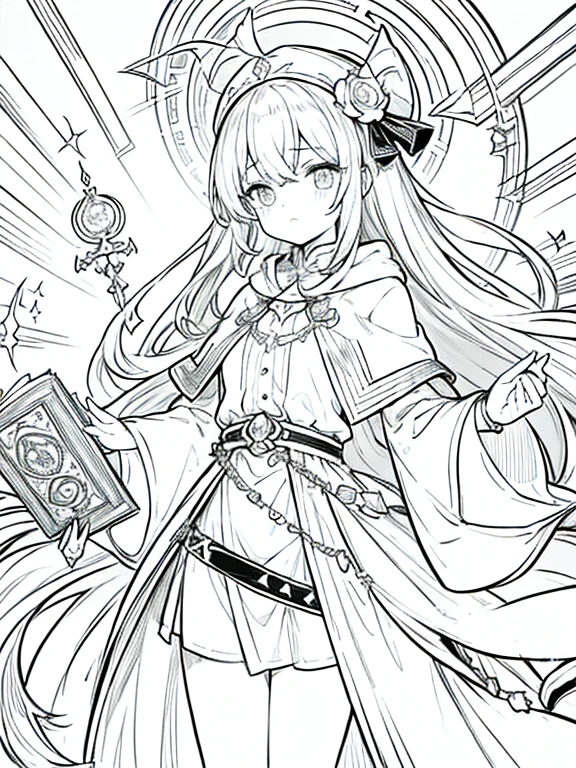 1 elf woman, wearing witch outfit, small breast, cleavage, holding a magical book, black hair, long hair, face to detail, detailed eyes, standing, the background is white, monochrome (clear line, lineart), half body illustration