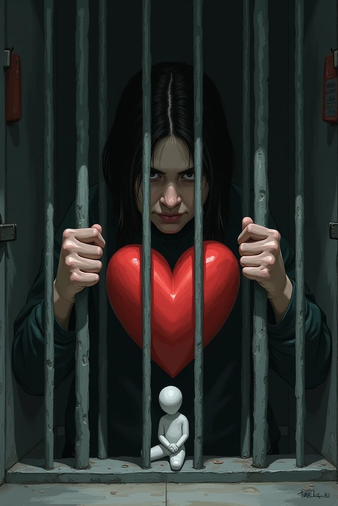 A woman standing at the entrance of a dark alley, holding her heart with metal chain, with tears in her eyes. Behind her is a small house with bills scattered around, symbolizing her poverty. Simple easy drawing