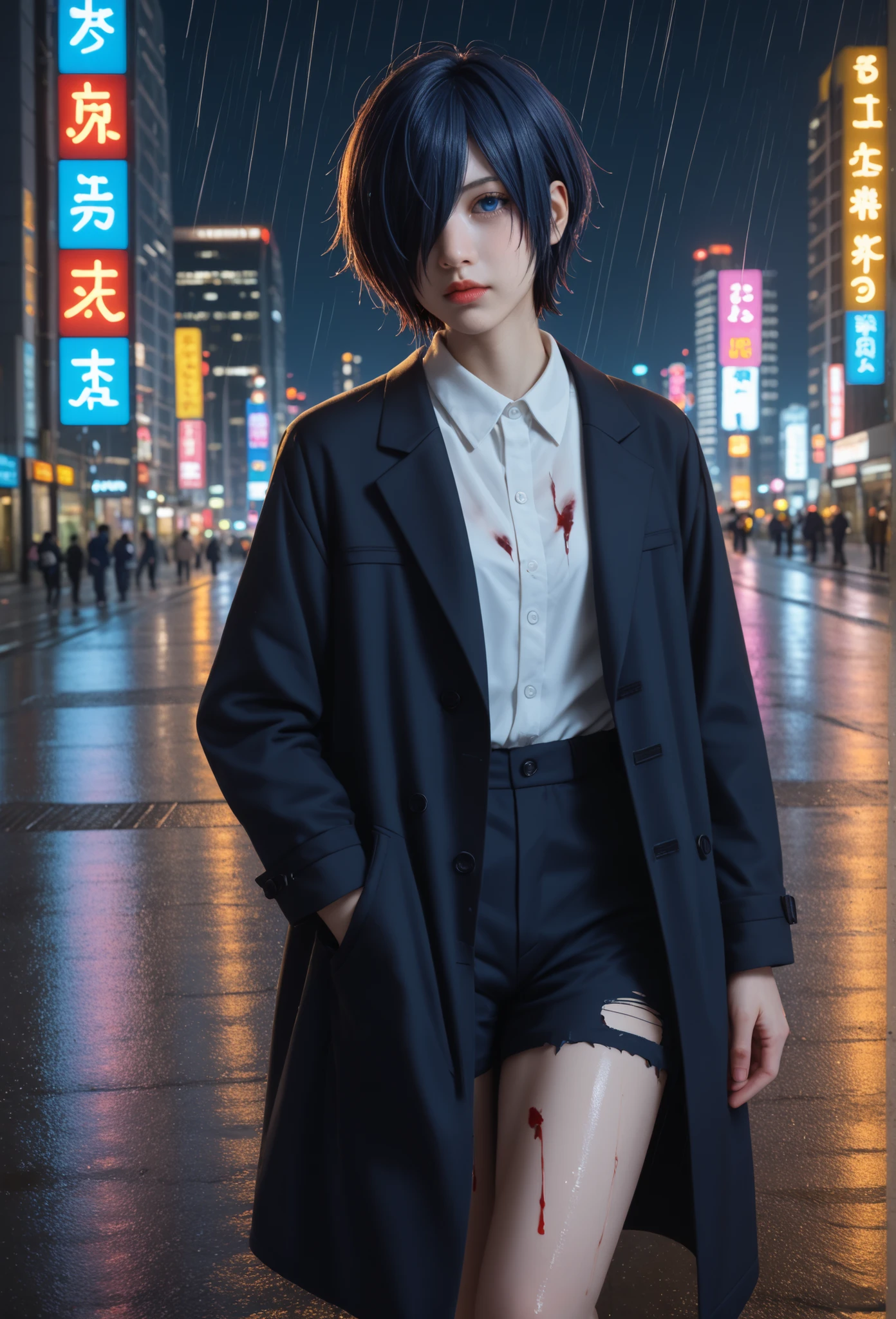 "A dark, rainy cityscape at night, with neon lights reflecting off the wet streets. In the center stands Touka Kirishima from Tokyo Ghoul, with a melancholic and contemplative expression, dark blue hair covering the left eye , dark blue eye,. She wears a long black coat over a white shirt, with a torn stocking on one leg,. Her hand is stained with a bit of blood, yet she delicately, symbolizing purity and hope. The atmosphere is cold and mysterious, reflecting her inner struggle and emotional strength, perfect background, Tokyo city background, The lights of the city of Tokyo detailed are reflected on her face