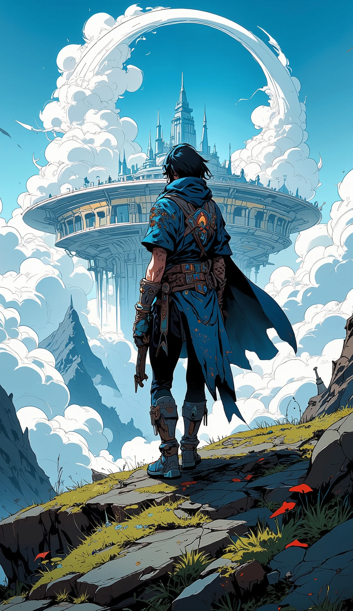**Masterpiece, brush painting, line art with brush painting, 4K wallpaper, anime style, brush painting, artistic portrayal, 3D brush painting, 2D art, pen painting style, cyan and black color palette, high resolution, with detailed textures, elements, and objects.**
**Ancient civilization, RPG theme, urban landscape of an ancient civilization floating above the clouds, circular ancient city surrounded by clouds, with clouds encircling an island city. Beneath the island in the clouds lies a mountain. The circular island has shiny defense walls at its edges. In the center stands a towering skyscraper. The sky is bright blue, and the clouds are beautifully rendered with white gradients transitioning into grayish hues, painted artistically.**
**An adventurer stands observing the ancient city above the clouds. They are wearing an intricately designed cloak adorned with tattoos, ornaments, and fantasy elements. Their boots and gloves feature engraved buckles, emphasizing a unique adventurous look. This person, mysterious and adventurous, is standing on a hill, relaxed, gazing at the cityscape.**
**Center point of Image View, The perspective of the image is captured from a high angle, giving a bird’s-eye view, composed thoughtfully using photographic techniques such as the rule of thirds, soft lighting, and natural lighting to highlight the scenery.**