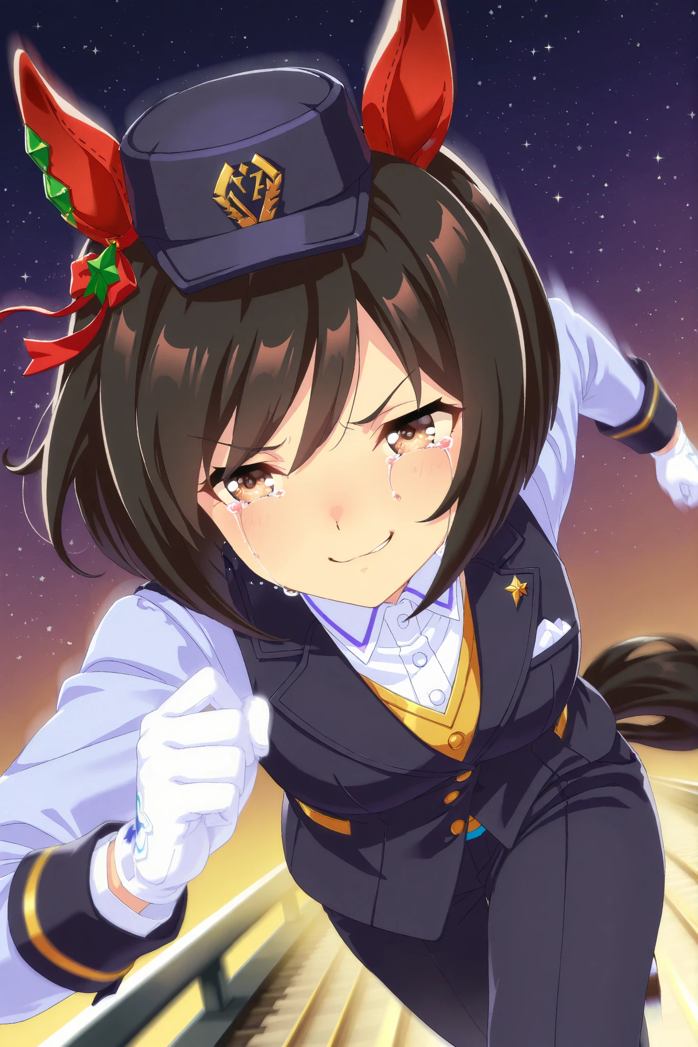 Solo,anime style,Dutch angle,Looking ahead,starry background,((dynamic pose,running on the Rail,motion blur)),red ear cover,BLACK HAIR SHORT BOB,brown eyes,railway peaks cap,lapel vest suit,White gloves,smug,happy tears,sobbing,umamusume,digital art