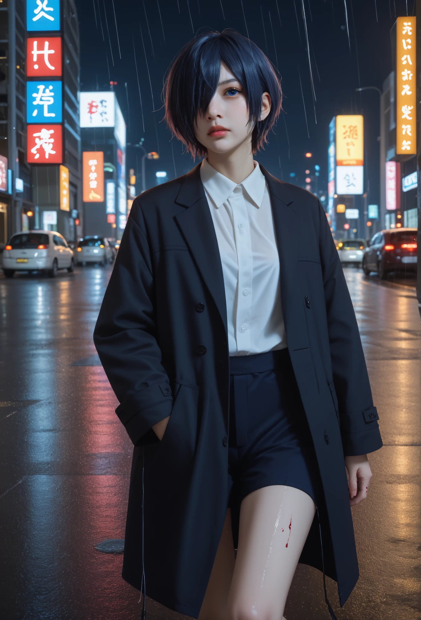"A dark, rainy cityscape at night, with neon lights reflecting off the wet streets. In the center stands Touka Kirishima from Tokyo Ghoul, with a melancholic and contemplative expression, dark blue hair covering the left eye , dark blue eye,. She wears a long black coat over a white shirt, with a torn stocking on one leg,. Her hand is stained with a bit of blood, yet she delicately, symbolizing purity and hope. The atmosphere is cold and mysterious, reflecting her inner struggle and emotional strength, perfect background, Tokyo city background, The lights of the city of Tokyo detailed are reflected on her face