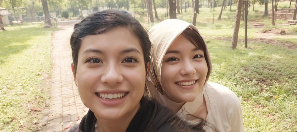 muslim young woman and a scarf at the park, instagram, hijab, protrait, picture, close up potrait, solo, casual