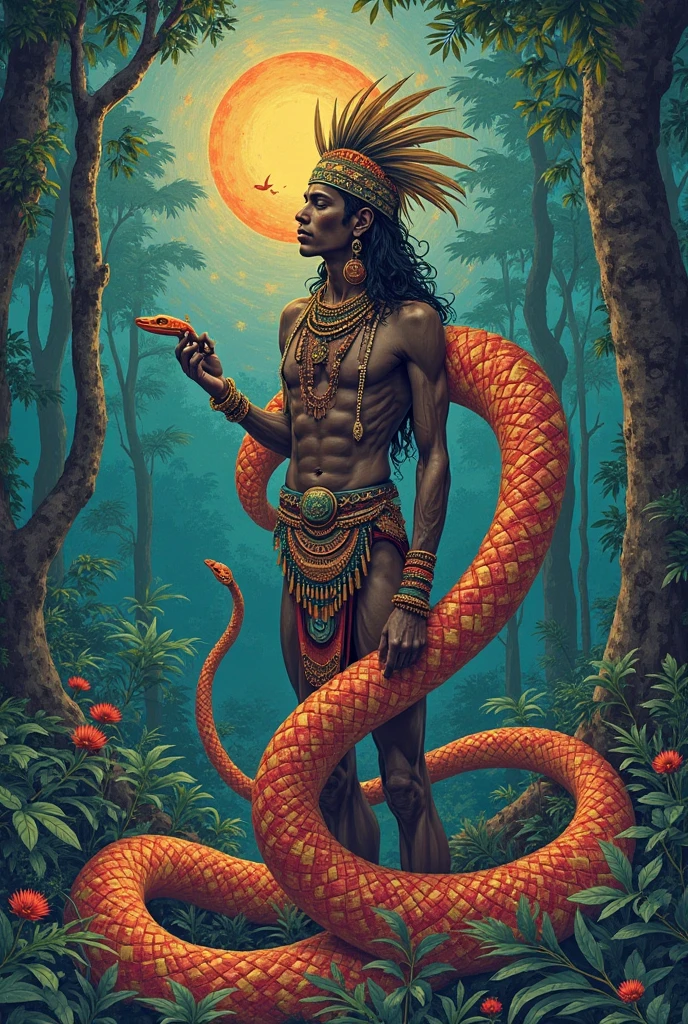 A black man with long hair, half of his body is a colorful snake with red colors, orange and yellow