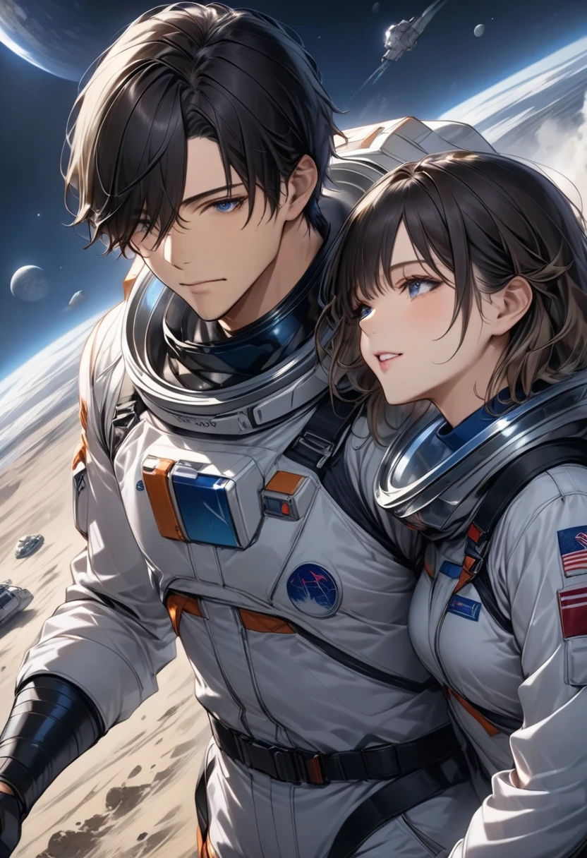 Backpack Boy, Libido boy, Brown messy hair, Astronauts costume, Brown Planet, Friendly alien gray with white, human - shaped, In the sky, only space and rocket stars stop in the background, anime big breast, Super ultra-realistic.