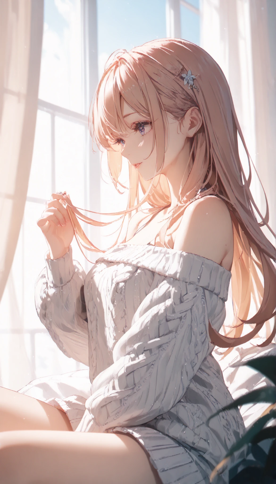 ((of the highest quality)), ((masterpiece)), ( details), 1 girl, off-shoulder sweater,