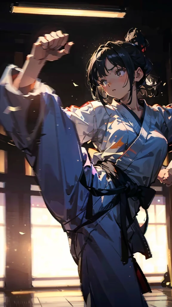((best quality)), ((masterpiece)), (detailed face and eyes), detailed hands and fingers, perfect face, accurate, textured skin, high details, Sharp focus A beautiful woman, Slim abdomen, Karateka, karate uniform, karate girl, high school student, black hair, ponytail, (Straight punch:1.3), (Clenched fist), thrust her fist forward, loud voice, muscular, Shining sweat, (at karate dojo), Shockwave, explosion, sonic wave