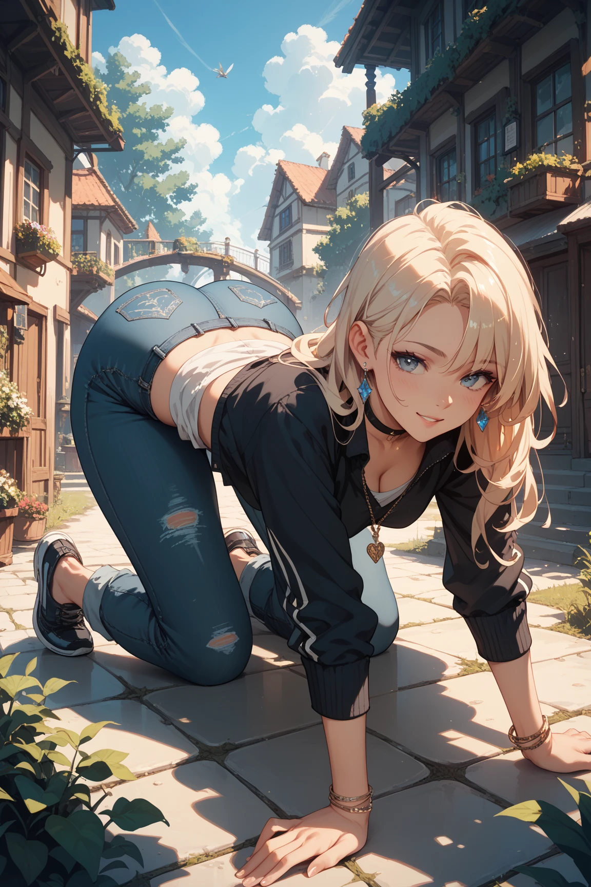 solo girl, smile, blush, perfect little butt, ass focus, low angle, cute, blonde hair, twintails,