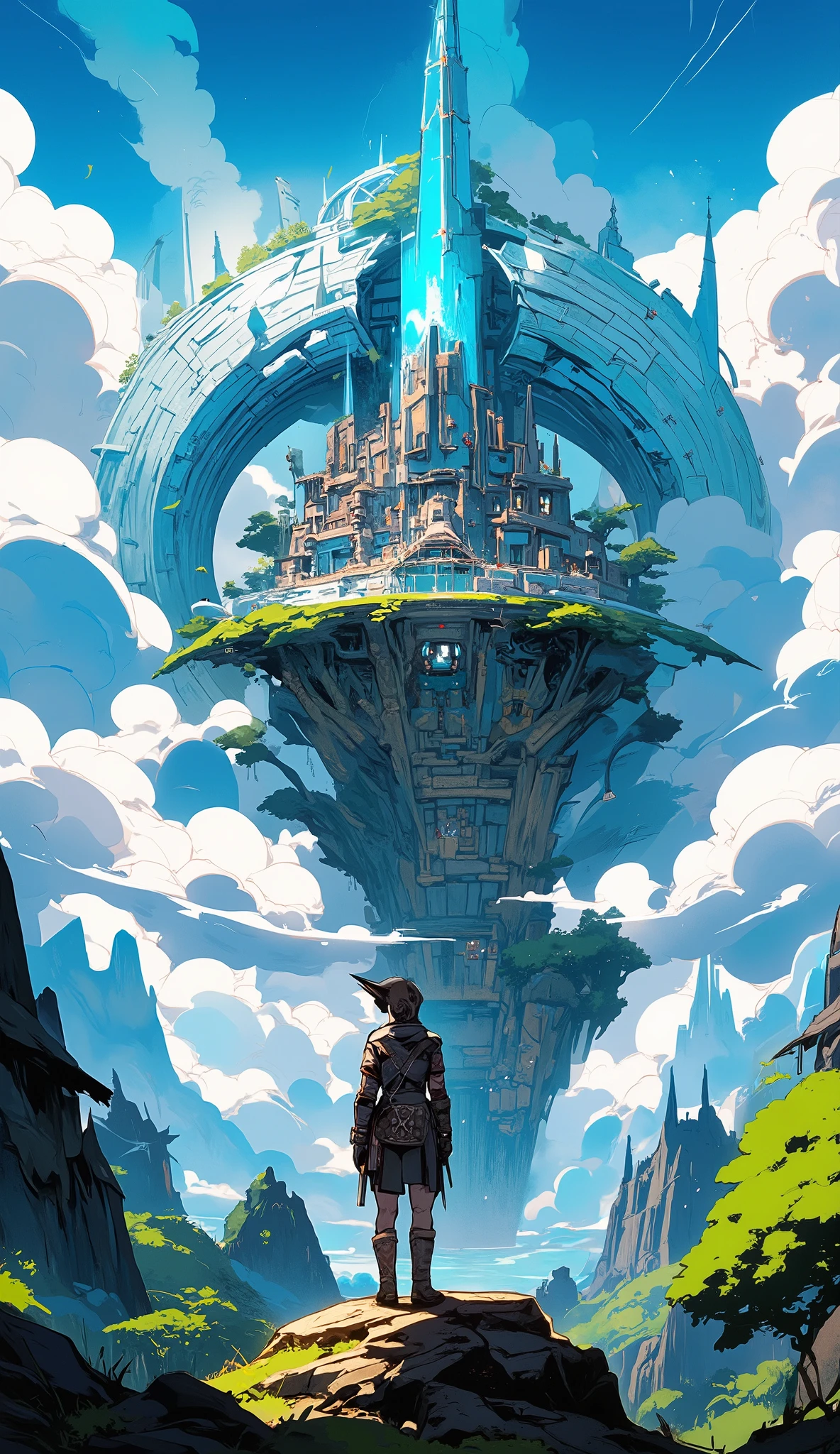 **Masterpiece, brush painting, line art with brush painting, 4K wallpaper, anime style, brush painting, artistic portrayal, 3D brush painting, 2D art, pen painting style, cyan and black color palette, high resolution, with detailed textures, elements, and objects, makoto shinkai inspired, artstation trending.**
**Ancient civilization, RPG theme, urban landscape of an ancient civilization floating above the clouds, circular ancient city surrounded by clouds, with clouds encircling an island city. Beneath the island in the clouds lies a mountain. The circular island has shiny defense walls at its edges. In the center stands a towering skyscraper. The sky is bright blue, and the clouds are beautifully rendered with white gradients transitioning into grayish hues, painted artistically.**
**An woman adventurer stands observing the ancient city above the clouds. They are wearing an intricately designed cloak adorned with tattoos, ornaments, and fantasy elements. Their boots and gloves feature engraved buckles, emphasizing a unique adventurous look. This person, mysterious and adventurous, is standing on a hill, relaxed, gazing at the cityscape.**
**Center point of Image View, The perspective of the image is captured from a high angle, giving a bird’s-eye view, composed thoughtfully using photographic techniques such as the rule of thirds, soft lighting, and natural lighting to highlight the scenery.**
