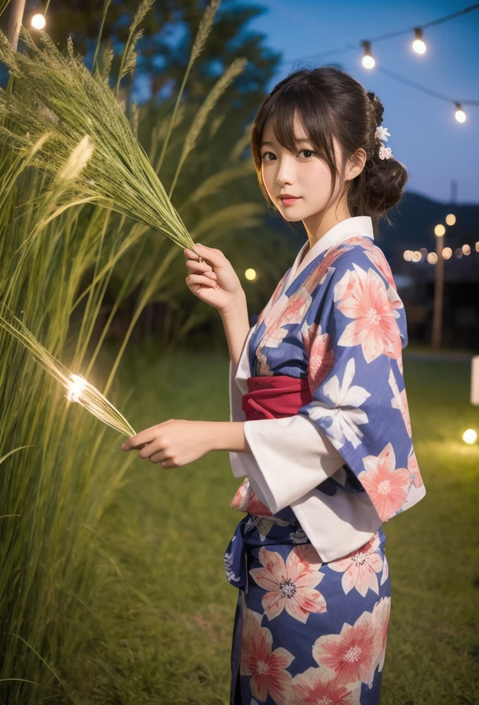 girl with blue yukata natta sparklers A dark-haired Braided hair