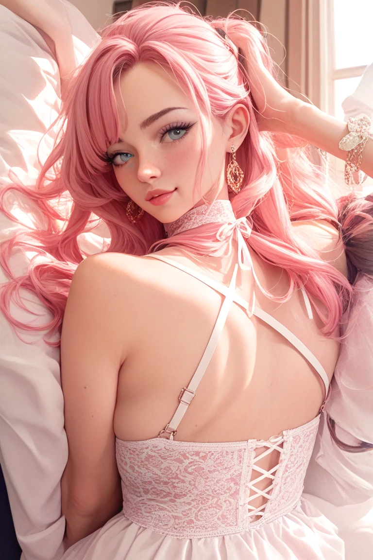 ((Master masterpiece, the best picture quality, realistic to stunning)), (realism 1.4), (((a breathtaking beautiful hot girl laying on a bed of roses))), superb figure, pink hair, delicate facial features, long skirt in ancient costume, vivid angle, depicting her lying gently in a bed, surrounded by fireflies and glowing butterflies, flowers, petals, extremely detailed details, immersion in it.