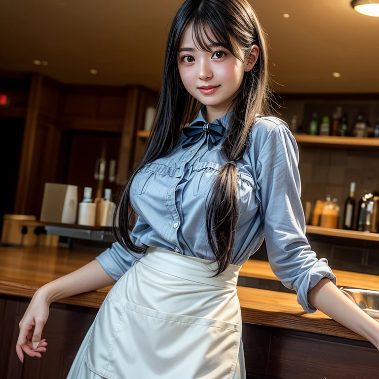 masuter piece, best qualtiy, ((Real Model Shots)), 8K picture quality, ((1 persons)), extremely delicate and beautiful, magnifica, Official art with attention to detail, (Cute little girl), (Petite and pretty girl), (japanese beauty girl), ((Perfect female figure)), large full breasts, Slim waist, big butts, Black hair, (((Cute pastry chef clothes))), Cooking clothes, Whole cakes, atelier, Cake shop, ssmile,