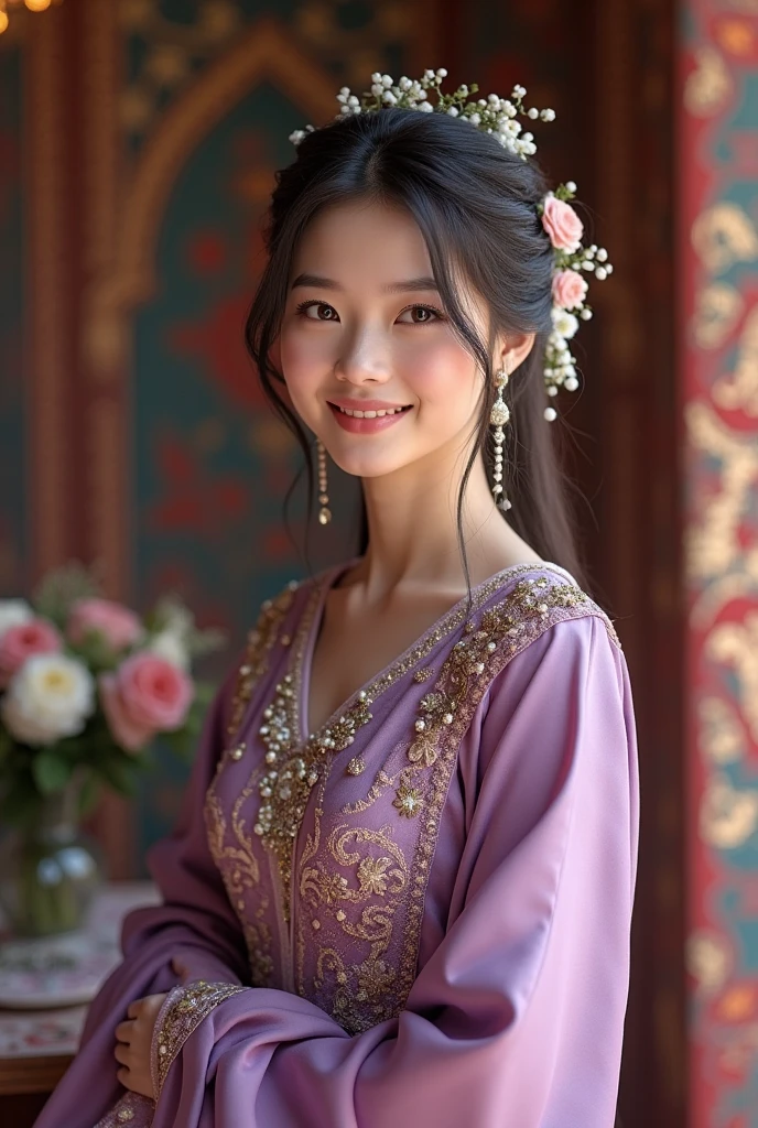 Woman, wearing traditional Minangkabau clothes Black wavy hair wearing a purple moon necklace Full body standing pose With the background of a traditional Minangkabau house