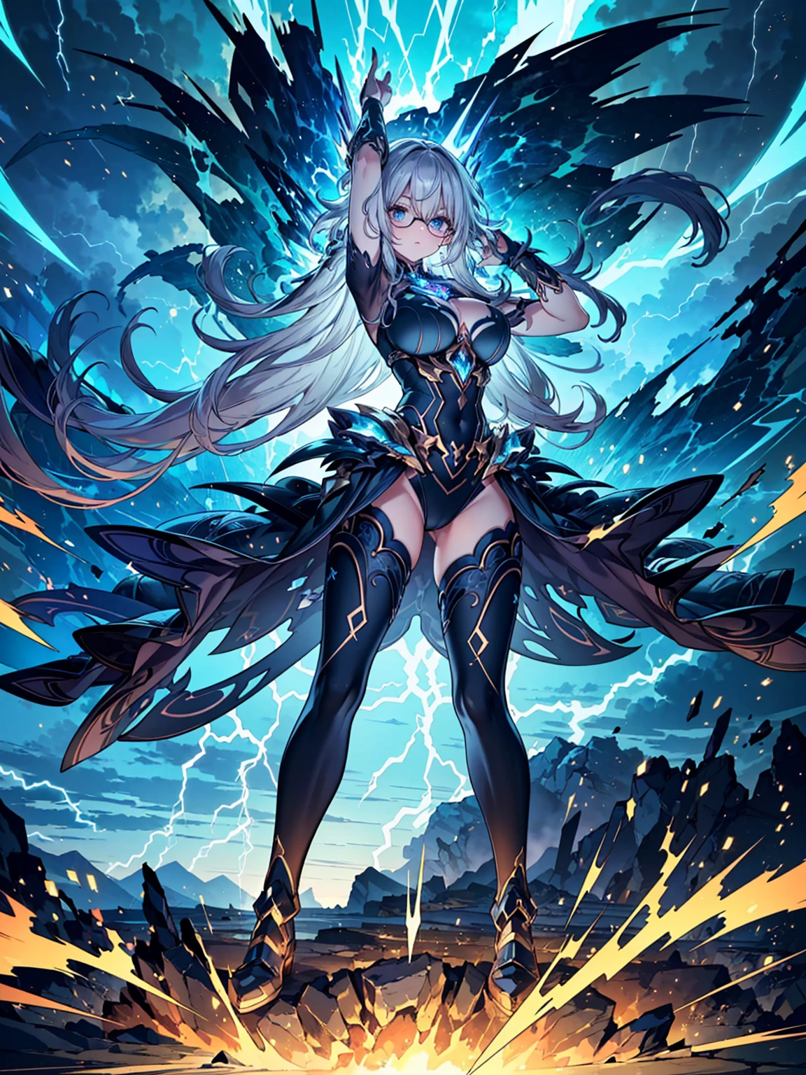 Cyberpunk style, Beautiful girl in armor, (Flying in the sky), cape, scarf, Long white hair,Hair accessories, electricity,flame,ice,gem,cloud, Metal Material,Wood texture, Depth of Field, Blurred background, A fusion of aesthetics and dynamics+ Wide-angle lens +(masterpiece, Top quality, best quality, Official Art, beautiful and aesthetic:1.2), rich and colorful, Glowing skin,
