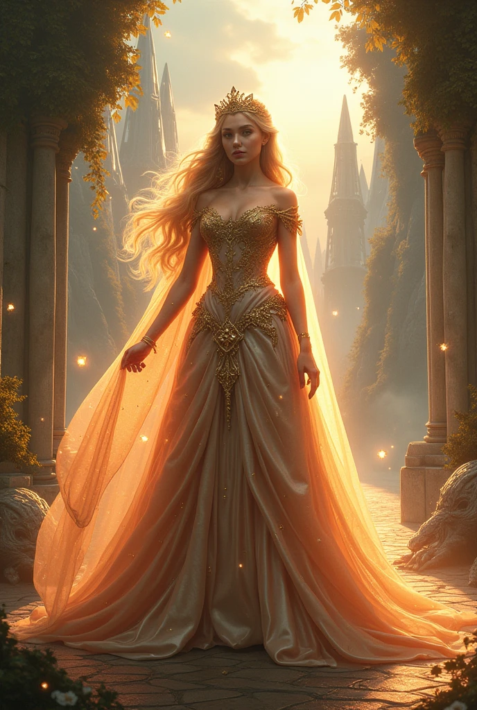 
Woman with a majestic and powerful figure, with a commanding presence, with a supernatural aura. In an environment that makes her appear regal and ethereal, with elements like flowers, stars, lights that highlight an imposing presence, emphasizing an atmosphere of mystery and admiration. That they be red tones to manifest desire, golden decorations such as crowns "the Queen"