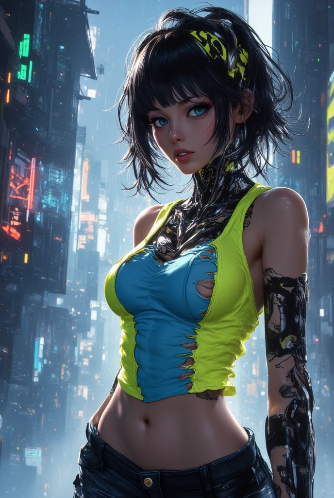 ((16K)),((masterpiece:1.3)), ((Highest quality)), ((Ultra-high resolution)), (Very detailed), (Realistic, photoRealistic:1.4), Perfect lighting,((Side light)), Written boundary depth, Surrealism,photo shoot, No makeup, Film Grain, chromatic aberration, Sharp focus, Face Light,((Beautiful detailsまでこだわった髪)),((Beautiful eyelashes)), Beautifully detailed face, Beautiful details, Beautiful clavicle, Beautiful body, Thin legs,Beautiful breasts, Beautiful legs, ((Detailed and carefully drawn hand)), Cleavage, Perfect Anatomy, Supermodel with a long neck,((Skinny1.3)),23 years old,Looking into the camera,(Perfect Anatomy,Anatomically correct, Very detailed肌), Glowing Skin,((pale skin)),((beautiful girl:1.1)),(( Large Breasts:1.4)),shiny hair,((Long Hair:1.4, Wavy Hair:1.2, Black Hair) ,((See-through bangs:1.2)),Dainty facial structure,((Captivating smile:1.4)),((leaning on rail:1.2)),(her legs spread in M legs:1.2), ((spread legs:1.2)),((from side)),((wearing Cyberpunk Gunfighter)), ((Futuristic Cyberpunk Outfit)), ((Don a futuristic ensemble with cyberpunk-inspired clothing,incorporating sleek lines and high-tech details)), Gloves with Built-in Tech, ((Enhance the look with gloves that feature built-in tech elements)), adding a sci-fi touch, Holographic Gun Holster,(( Carry a holographic gun holster for an avant-garde and visually striking appearance in a Hollywood-worthy action scene:1.2)),((Set in a cyberpunk night in Tokyo)),((A secret server room on the roof of a skyscraper)),((From the rooftop of the building, you can see the Tokyo cityscape lit up with neon lights.、It has a futuristic urban feel)), ((Holographic displays and glowing interfaces surround her.、I can feel the tension and concentration.)),(( In the background、The artwork depicts skyscrapers lit by neon lights and hover cars flying through the air.、You can even see flickering holographic advertisements in the distance.)),((overall、Emphasize a futuristic and thrilling atmosphere))