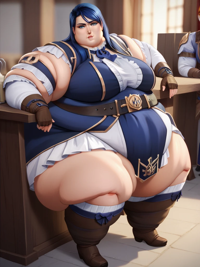Angle, from aboveRAW, obese 1 girl, solo, full body, (best quality, masterpiece, absurdity: 1.2), front view, perfect face, very delicate and beautiful, fine-grained skin texture, lively and shiny skin, (big breasts: 1.3), (constriction: 1.2), huge fat ass, (pureerosface_v1: 1.3), (ulzzang-6500: 0.4), tan, (white hairHair, Short Hair: 1.3), Blue Eyes, (Makeup: 1.2), Bright Smile, (Black cleavage, ruffles, V-neck, Navel, Slit-up Dress): 1.3), Shirt, Jewelry Earrings, Thigh Strap, Thigh Strap, Thigh Socks, Simple Background, Portrait, (Huge Breasts, Big Breasts: 1.4), Saber, Fate, obese girl