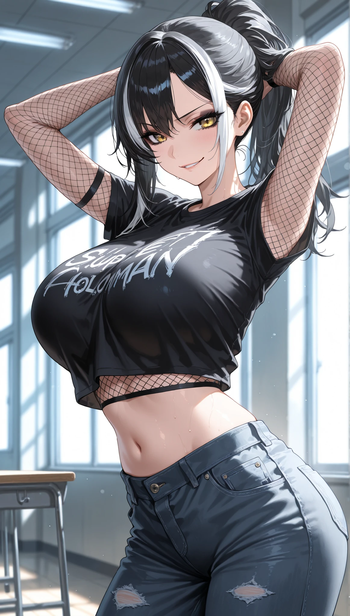 illustration , best quality , dramatic lighting , masterpiece , best quality , ultra-detailed. 1 girl , school halls , her pose is cool and poised , with a smirk and confident golden eyes . a good looking and cool woman with short ombre black hair with white streaks,fishnet top innerwear,fishnet sleeves, dark eyeshadow, perfect body, big breast, as she wears a black band shirts and baggy jeans, sweats wetting her clothes revealing her underwear and skin (cowboy shot), (super sharp focus)