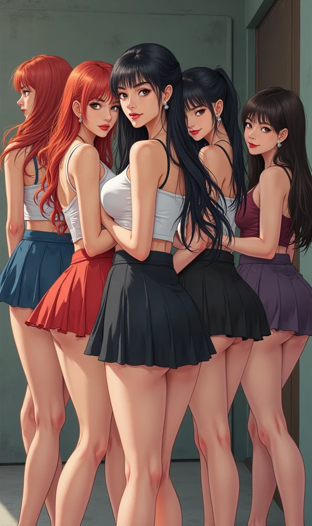four adult girls stand in a row against the wall facing the wall, legs spread wide, handcuffed behind his back, dressed in short, tight silk blouses, Short skirts, lace over the knee stockings and high heels, anime