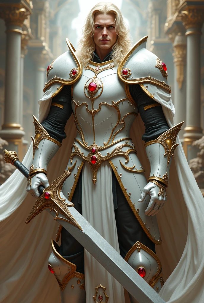 Great quality, masterpiece, Highest quality, Super detailedディテール, Super detailed, Ultra-high resolution, Perfect Anatomy,
, Stylish pose, Wearing amazing armor, Gold Armor, glowing sword in hand, , Soft colors, Silver Hair、Cool mask
,Cinematic lighting highly detailed,whole body　Sword of the Blizzard　Cool amulet　Cool shoulder pads　Cool Armor　Cool shield