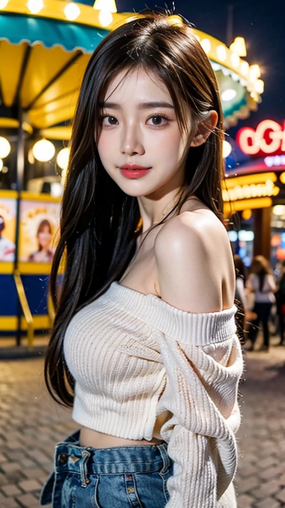 best quality, masterpiece, ultra high resolution, (reality: 1.4), original photo, one girl, 23 years old:1.2, Off-shoulder with vivid colors, Cinema Lighting、portrait、amusement park at night、big bust