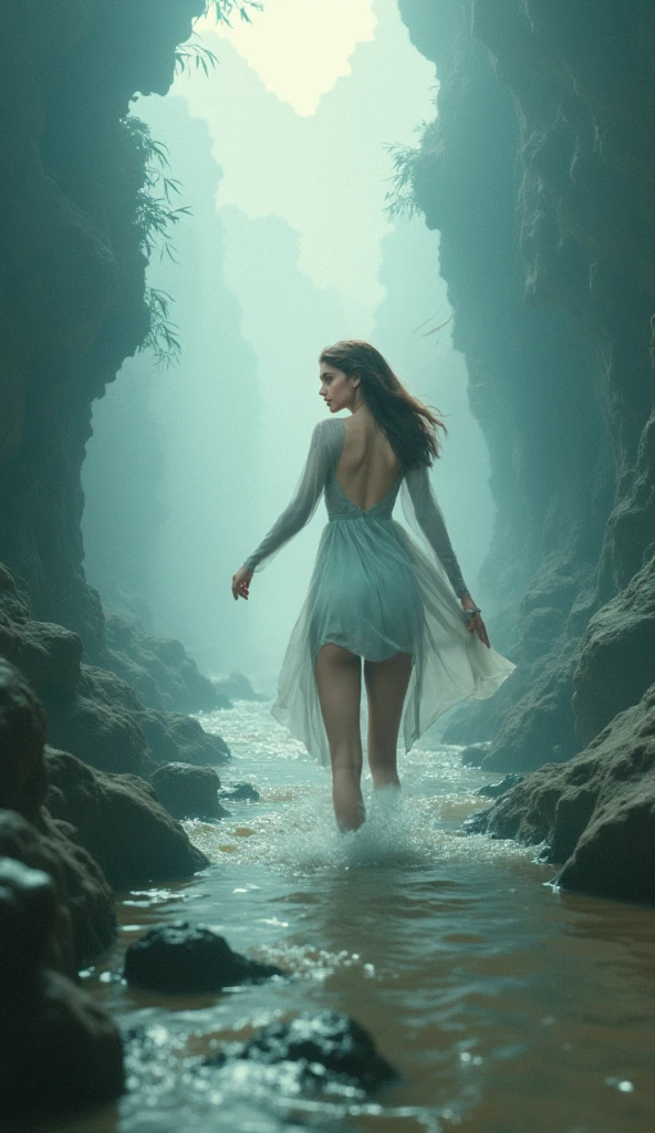 A highly detailed and hyper-realistic depiction of a princess in green skirt, in blue shirt, wearing white panties, Realistic hands. ((full body)), mybeauties, The perspective is from below. ((Full body, bare feet)). The character is surrounded by mist, evoking a mysterious and eerie atmosphere. The lighting is dark and atmospheric, with a red smoke adding a touch of sinister ambiance. The image is of the best quality, with a resolution of 4k and HDR enhancement, showcasing the utmost level of detail and realism, sfw, full body shot.