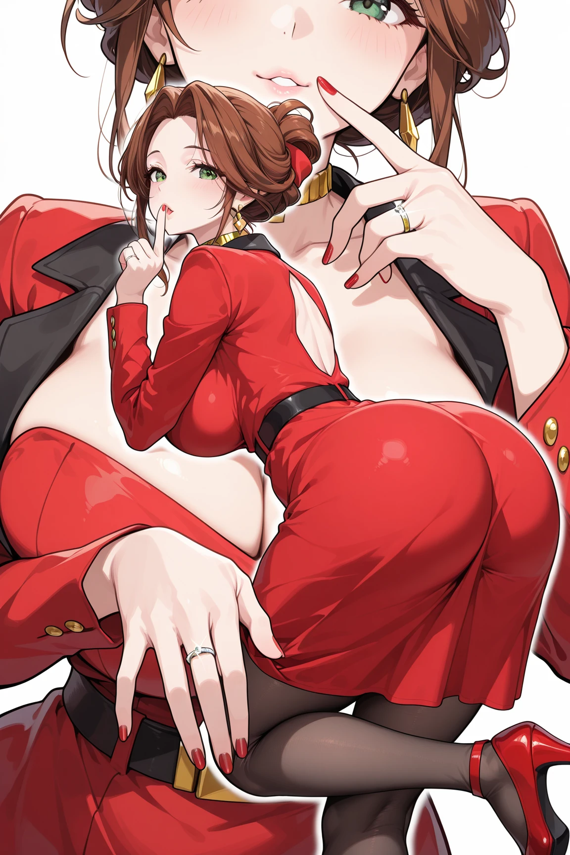 1girll, Mature female, Masterpiece, Mistress, Goddess,Rabbit ears,jumpping，tmasterpiece， High- sharpness， high high quality， Detailed face， detailed body render， Sleeveless clothing，Sleeveless shirt， exhibitionism，No bras， breasts out， Be red in the face， （In the bedroom），fully body photo，Orgasmic face，Mouth open，The tongue is pulled out ，Confused eyes