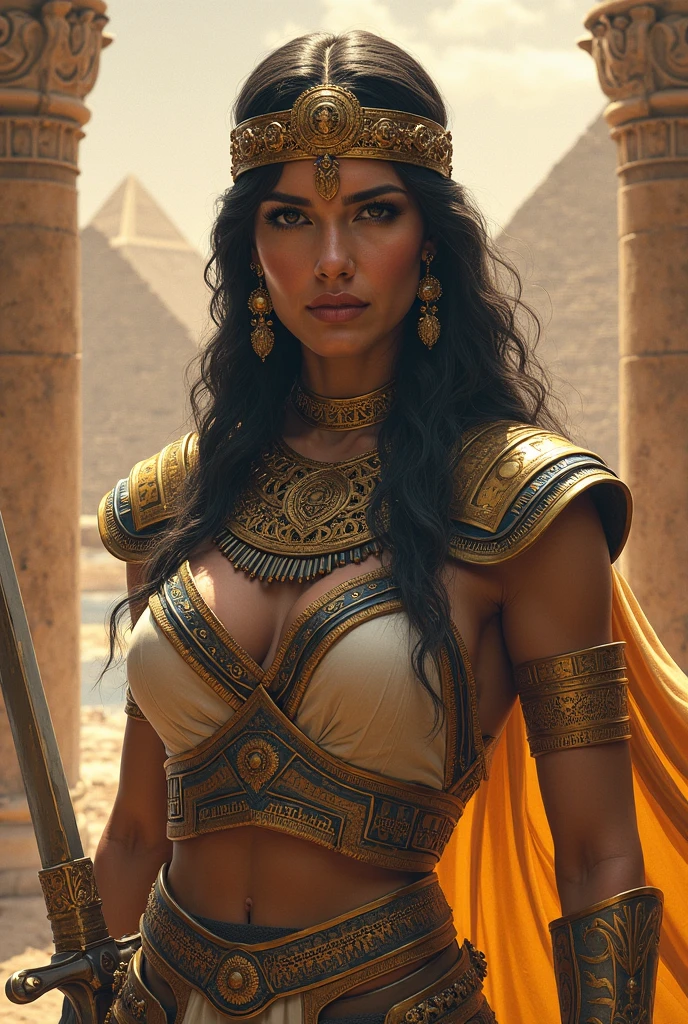 Cleopatra in her craft and her long light brown hair , 35 years of experience. His keen focus and intense gaze forward seem to pierce through the darkness of ancient Egypt, Revealing Hidden Truths and Mysteries. The intricate details of their traditional robes are reproduced in stunning detail, while cinematic lighting adds a touch of drama to the scene. Esta imagem sobrenatural, Captured in 8K resolution, will leave you in awe of its beauty and depth