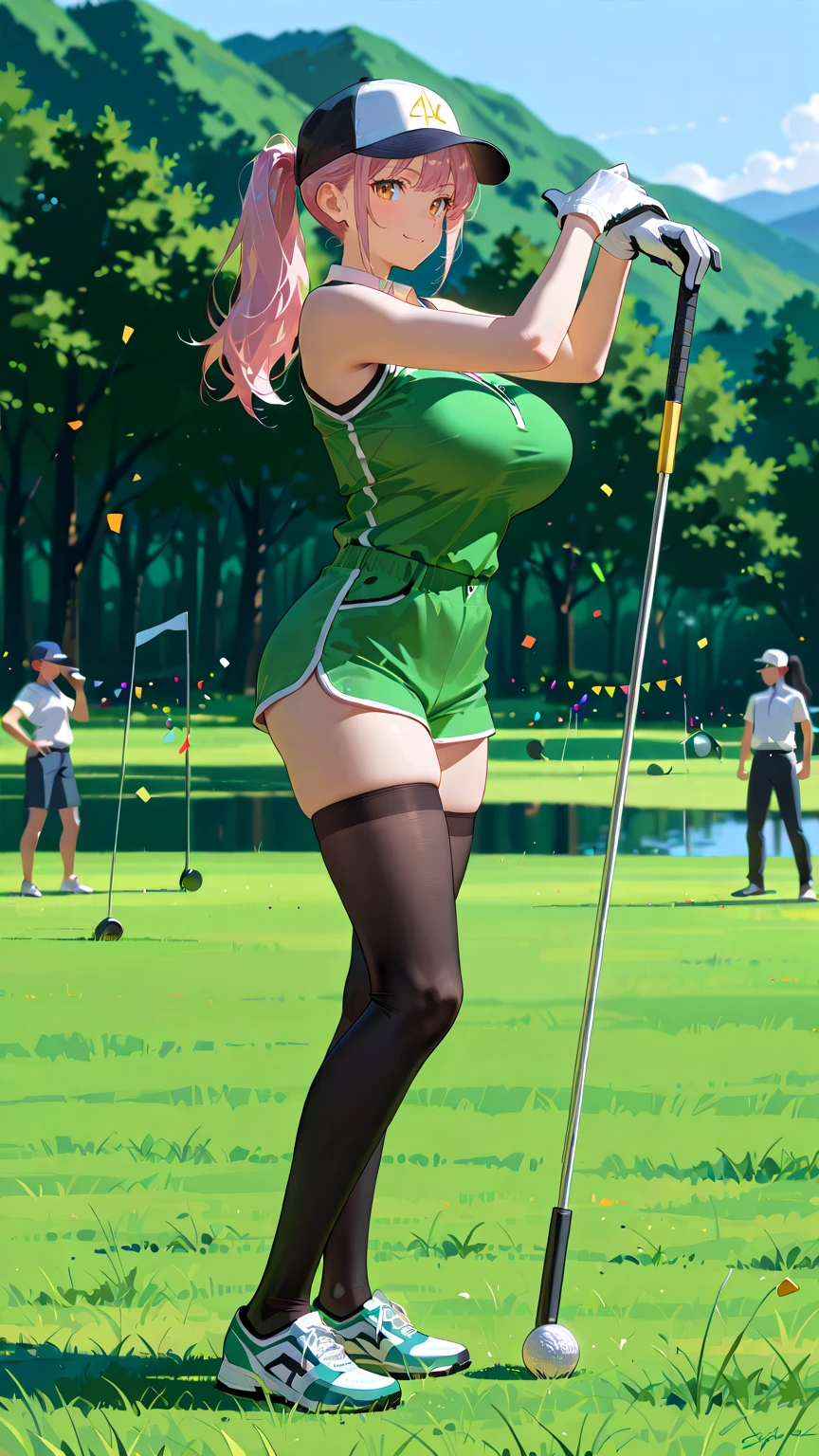 masterpiece, (golf club), (sunny), nsfw, white polo tee, white cap, medium breast, slender, (bending down), arms behind back, 1dildo, underwear, dildo under panties, (eyes closed) <lora:dildoUnderCloth_1:1>