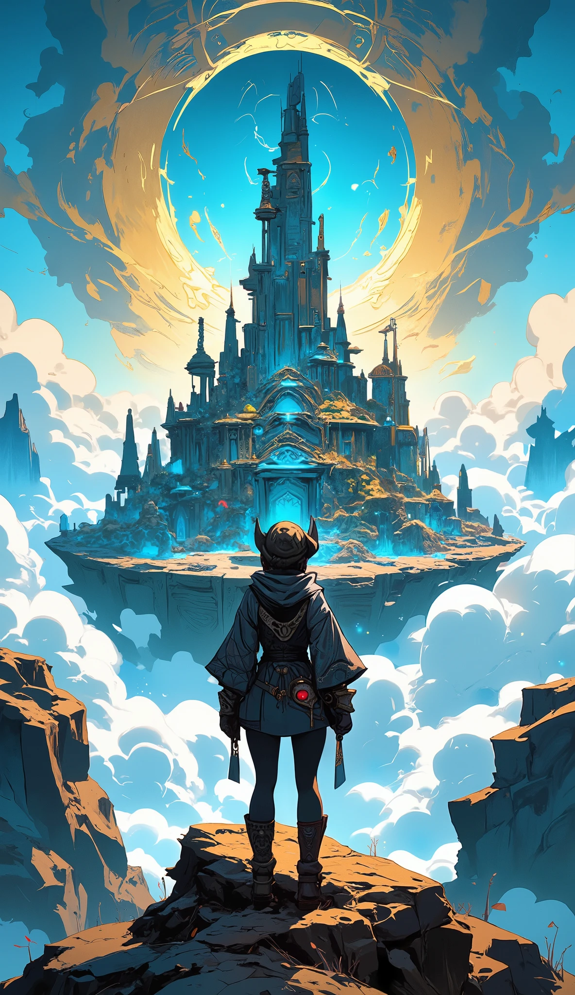 **Masterpiece, brush painting, line art with brush painting, 4K wallpaper, anime style, brush painting, artistic portrayal, 3D brush painting, 2D art, pen painting style, cyan and black color palette, high resolution, with detailed textures, elements, and objects, makoto shinkai inspired, artstation trending.**
**Ancient civilization, RPG theme, urban landscape of an ancient civilization floating above the clouds, circular ancient city surrounded by clouds, with clouds encircling an island city. Beneath the island in the clouds lies a mountain. The circular island has shiny defense walls at its edges. In the center stands a towering skyscraper. The sky is bright blue, and the clouds are beautifully rendered with white gradients transitioning into grayish hues, painted artistically.**
**An woman adventurer stands observing the ancient city above the clouds. They are wearing an intricately designed cloak adorned with tattoos, ornaments, and fantasy elements. Their boots and gloves feature engraved buckles, emphasizing a unique adventurous look. This person, mysterious and adventurous, is standing on a hill, relaxed, gazing at the cityscape.**
**Center point of Image View, The perspective of the image is captured from a high angle, giving a bird’s-eye view, composed thoughtfully using photographic techniques such as the rule of thirds, soft lighting, and natural lighting to highlight the scenery.**