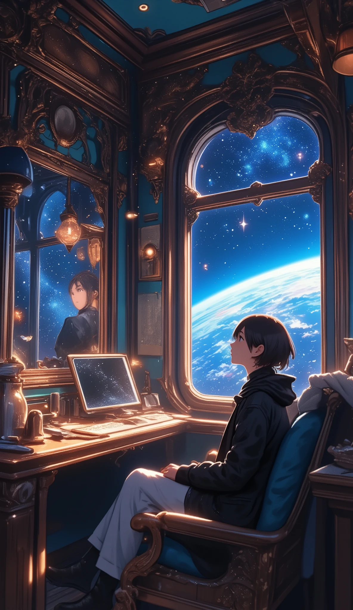 Galaxy Express 999, a masterpiece by Leiji Matsumoto, a passenger car pulled by a steam locomotive traveling through space, an interplanetary immigrant looking out the window in a passenger cabin