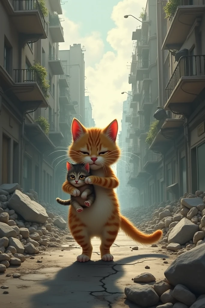 In a display of strength and dominance, the cat stands upright, its powerful arms hoisting a struggling dog into the air while its pack scatters in fear.