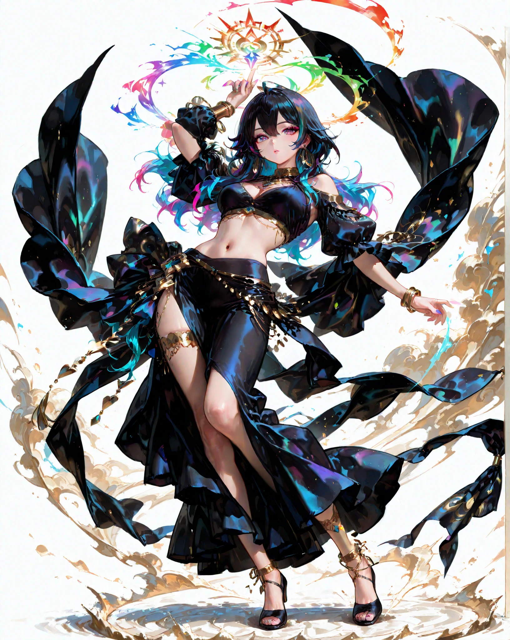Two-dimensional girl, long black hair flowing, green deep eyes, gentle smile, green black idol costume, magazine, text, idol, magazine cover, sister style, exquisite picture, best shadow, best picture quality, best light, rich detail, high resolution, masterpiece.