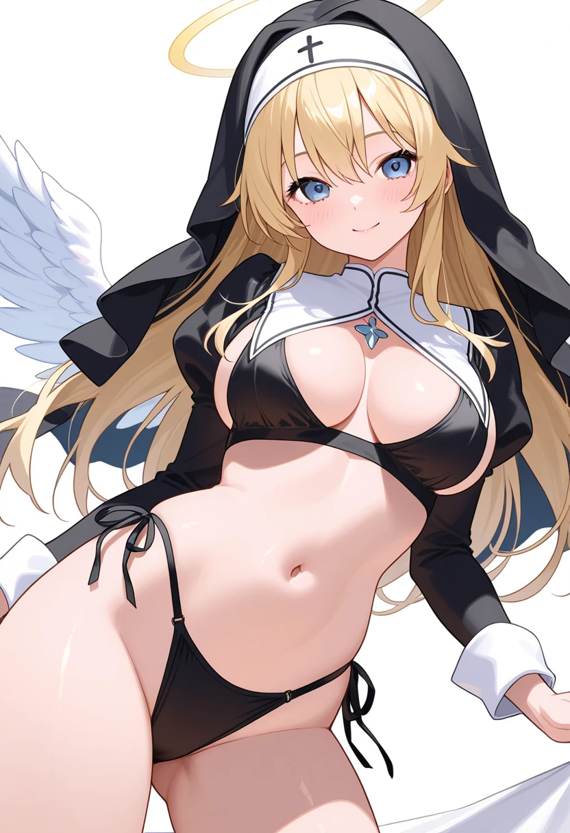 (masterpiece:1.6, best quality), (finely detailed beautiful eyes: 1.2), phyami, yamidarkness, 1girl, solo, blonde hair, wings, long hair, horns, red eyes, black wings, bare shoulders, hair intakes, collarbone, choker, demon horns, halterneck, feathered wings, collar, anime coloring, hair between eyes, criss-cross halter, black dress bikini, demon girl, bangs, very long hair, black underwear, pregnant, squat, straddled, wet, wet underwear, crying, a large amount of cloudy liquid drips from the genitals, ((Tears flow, cry with pain)),(Bruises, dirty,BDSM), Squirting, female masturbation, body bleeding