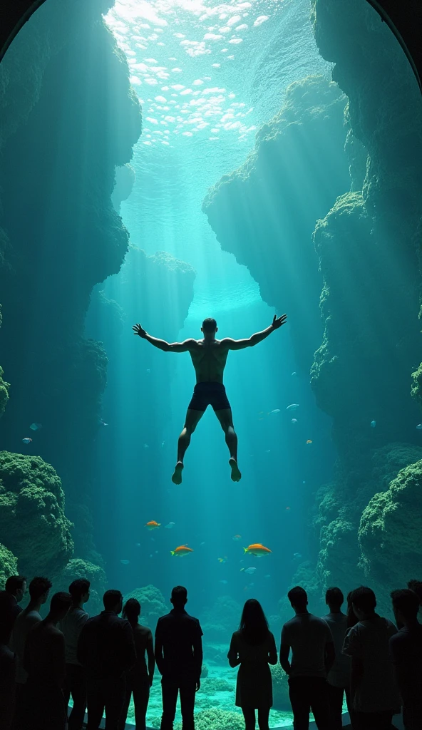 A man touching the bottom of the sea. Without diving tank.