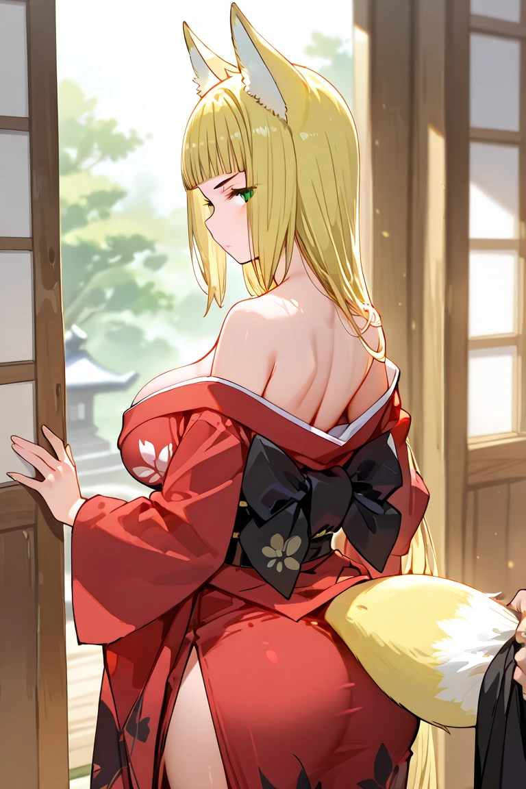 a woman wearing black kimono, blonde hair, faint blue eyes, in a Japanese garden, big breasts