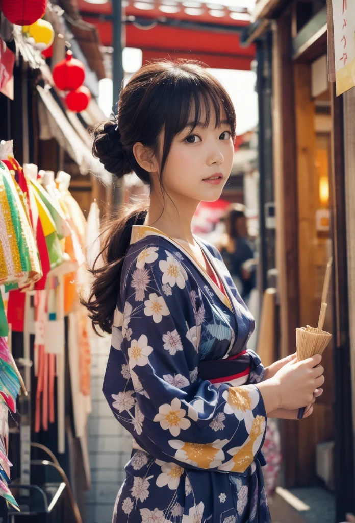 Studio Ghibli style Festivals Bon dance Navy blue yukata ponytail firework stall