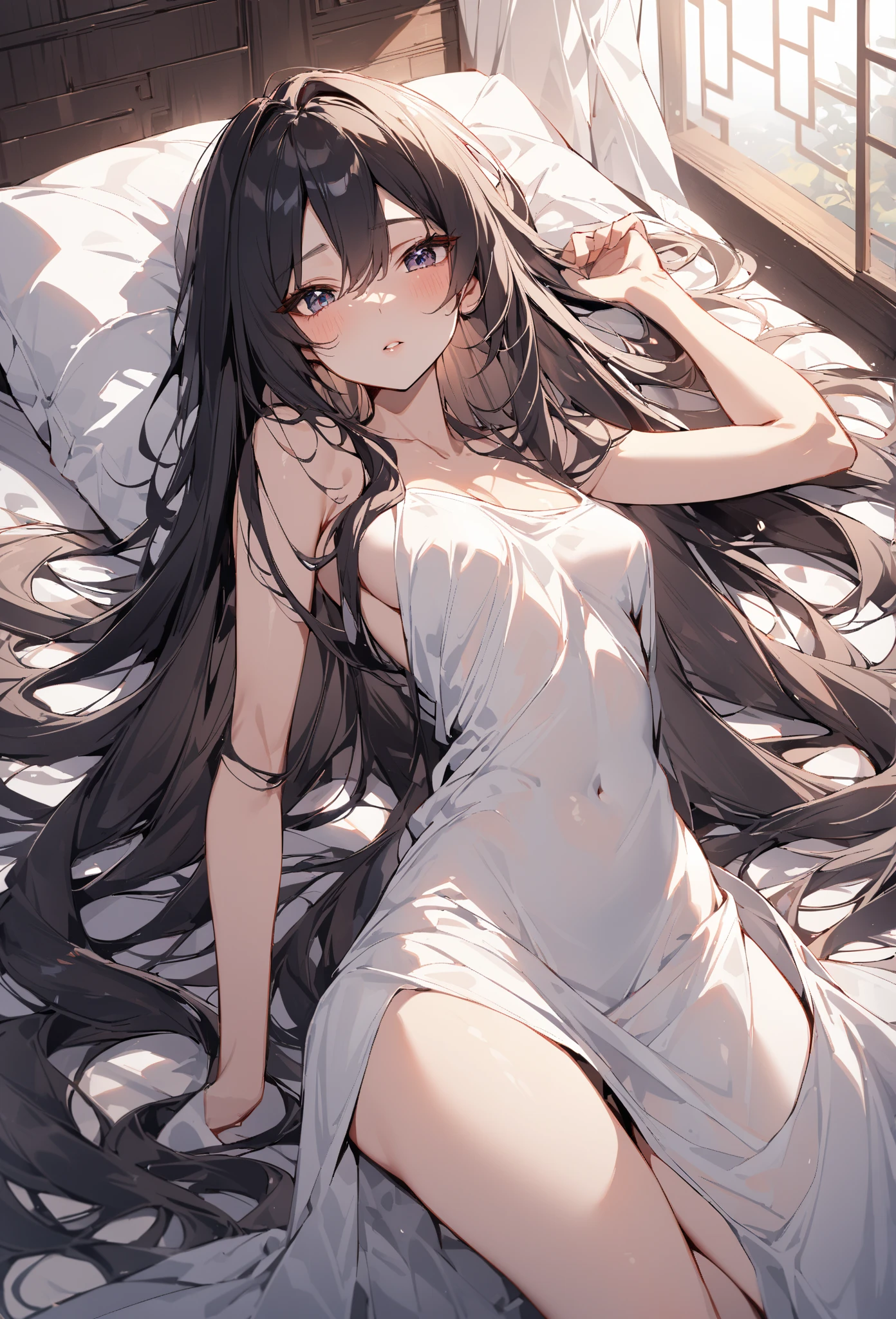Beautiful long haired Chinese woman with no clothes，Her hair completely covers a very, Very long，sensitive part of her body
