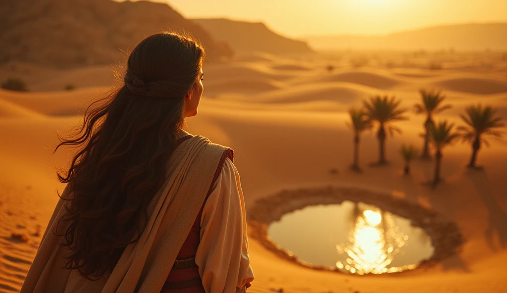 A Roman beautiful sweet girl is begging in the desert with a bowl. The sky is covered with dark clouds. Back view, dark desert sand, plam trees, mosque, low lightning.,Hyper-realistic photography