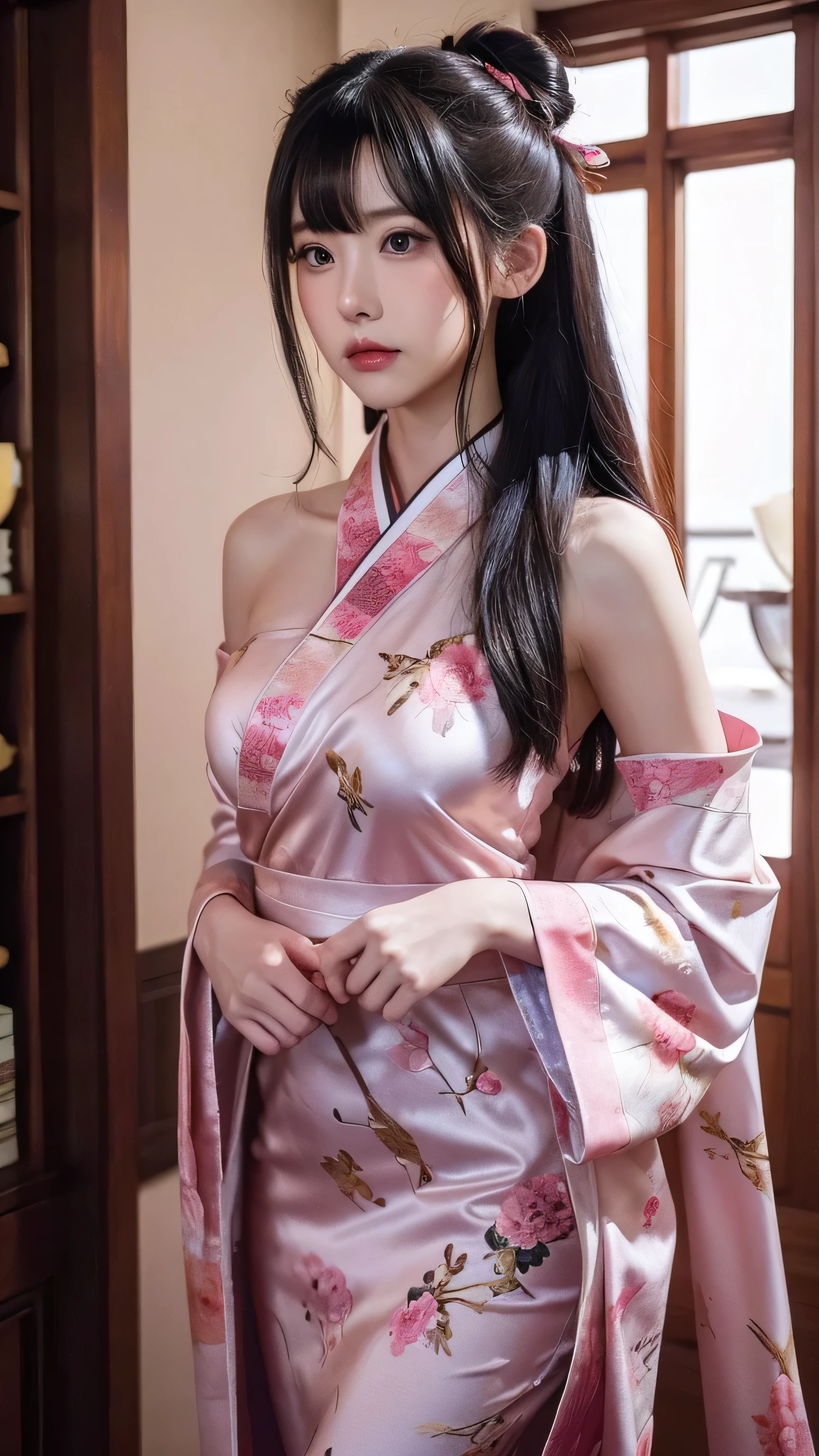 最high quality、high quality、Best image quality、8K、最High resolution、High resolution、最high quality、masterpiece、RAW Photos、whole body photos、Detailed and realistic human body、Detailed and realistic skin、Realistic face in every detail、Detailed and realistic eyes、Detailed and realistic lips、Detailed and realistic teeth、Detailed and realistic ears、Detailed and realistic hair、Realistic reproduction of every detail、((Beautiful Hands(thumb1、reference4))、Realistic feet down to the last detail、((Beautiful Japanese Girl))、(Japanese Model)、((18 year old beautiful girl))、(Black Hair)、(Random Hairstyles)、((whole body))、((Slim and perfect figure))、(Beautiful and firm breasts)、(whole body glossy skin、Fair skin)、Soft natural light、Naked、kimono、ninja costumes、Japanese tradition、Japan House、Japanese Style House、Tatami room、((Colorful see-through(Floral Ninja Costume))、((Sit Japanese style on,no clothes showing her pussy