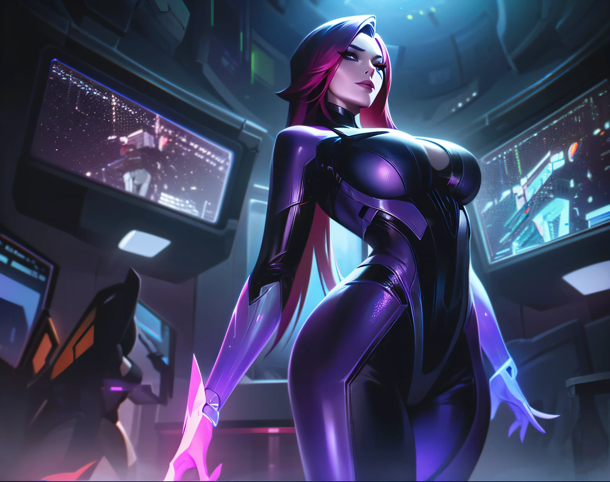 A stunningly beautiful female protagonist with a sleek, cybernetic bodysuit that accentuates her curves, glowing with neon purple streaks, the suit has elegant, wing-like extensions on the back, exuding a mix of power and grace, the armor is detailed with purple and pink highlights, seamlessly blending a cyberpunk and sci-fi aesthetic. It strategically reveals some skin, maintaining a perfect balance of allure and sophistication—sexy without being vulgar, her long, flowing red hair cascades around her, framing her mesmerizing face, her iris is resemble a cosmic galaxy, glowing in an ethereal purple hue, adding a mystical touch to her gaze, the scene is illuminated by soft neon reflections, with a high-tech cityscape or a digital cyber-world in the background, enhancing the futuristic ambiance. Hyper-realistic details, ultra-HD, cinematic lighting, vibrant color balance, and a striking contrast between dark metallic tones and neon accents.