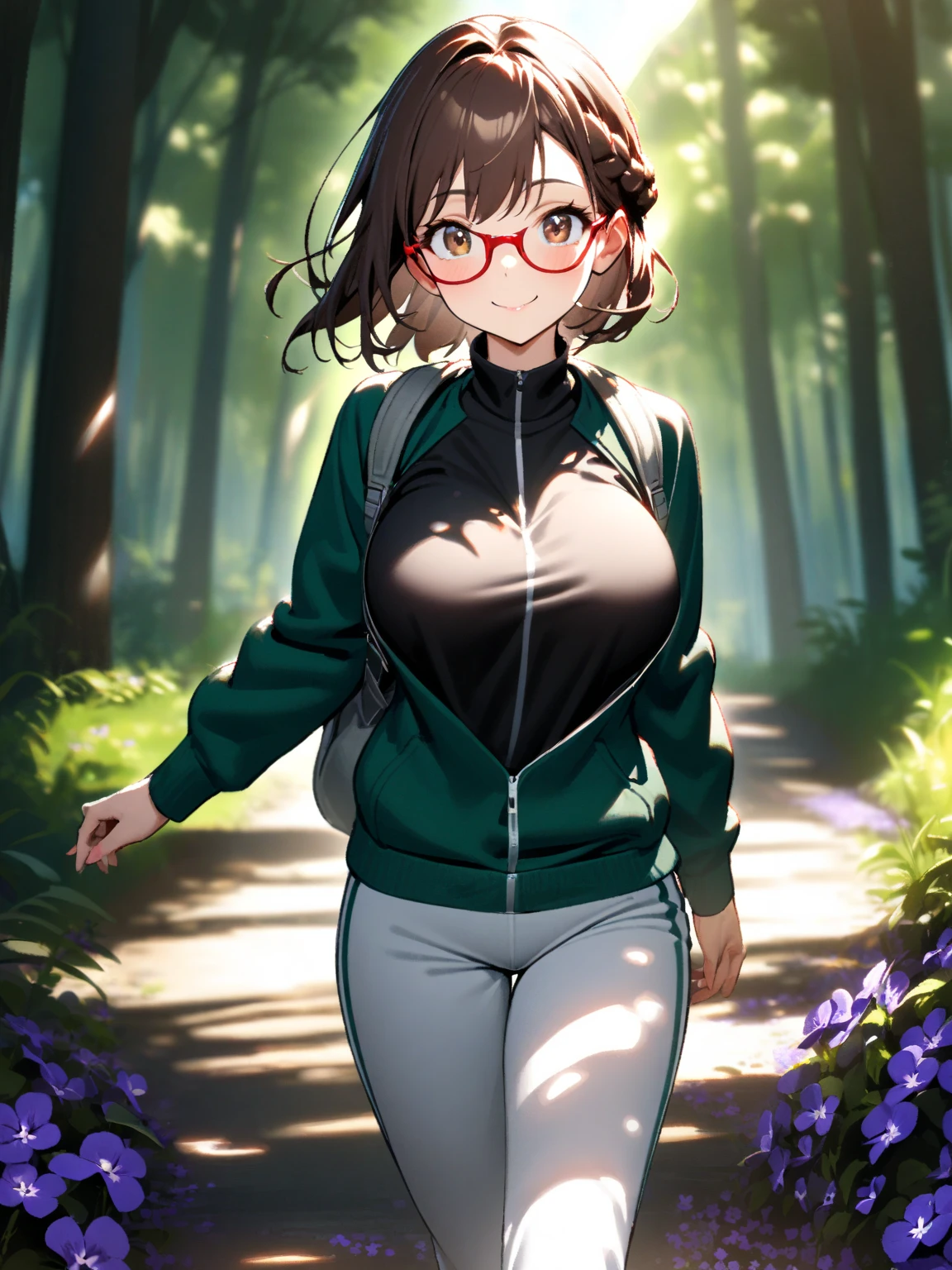 (((4K,8K,Highest quality,Perfect Fingers:1.3,Perfect Anatomy:1.3))),12 years old.woman,((Four fingers and thumb:1.3)),((Perfect human hand:1.3)),((The right number of limbs:1.3)),(alone),futabasakura, futaba sakura, ((Black Hair)), Glasses, Long Hair,(Blunt bangs:1.1),(Purple eyes:1.1), black Knee socks, Fur trim, fur-trimmed Jacket, green Jacket, Jacket, Off the shoulder, off-shoulder shirt, shirt, t-shirt, Knee socks,((Large sagging breasts)),(((Sweat:1.3))),(blush),super oily,View your viewers,((forest:1.3)),((night:1.3)), Contrasting,Smiling Kindly, Spread your arms, Cowboy Shot, No sleeve,長い乳首の上にNo sleeve,(figure:0.8), (Beautiful attention to detail:1.3), Highly detailed face, Highly detailed CG, young,Thigh gap,(I want to pee),(Wet crotch),No underwear,I don't wear panties.,((Detailed Background:1.1)),
